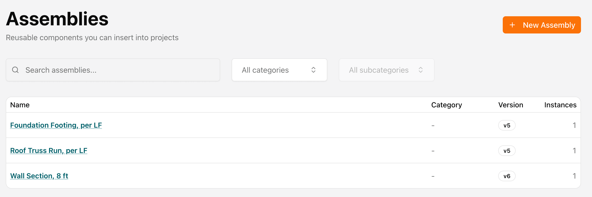 Assemblies list — reusable components
